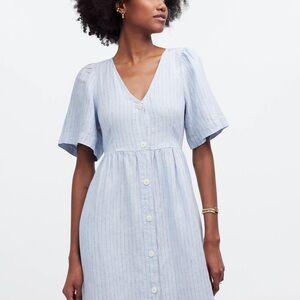 Madewell Blue and White Buttoned LINEN Midi Sundress